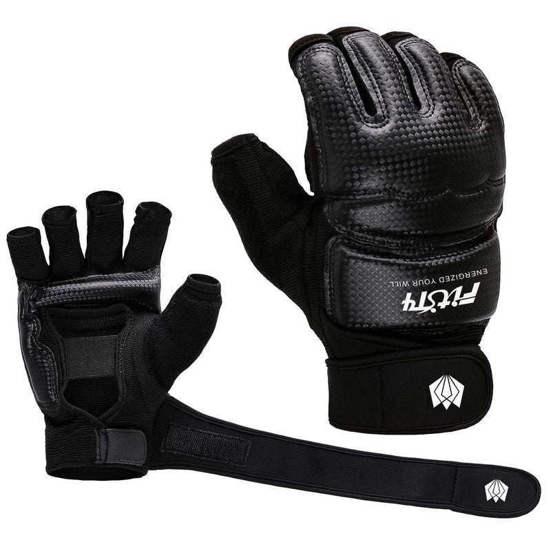 FitsT4 Sports Half Mitts MMA UFC Training Boxing Punch Bag Kickboxing Sparring Grappling Martial Arts Muay Thai Taekwondo Wrist Wraps Support Gloves for Women Men Kids Black L