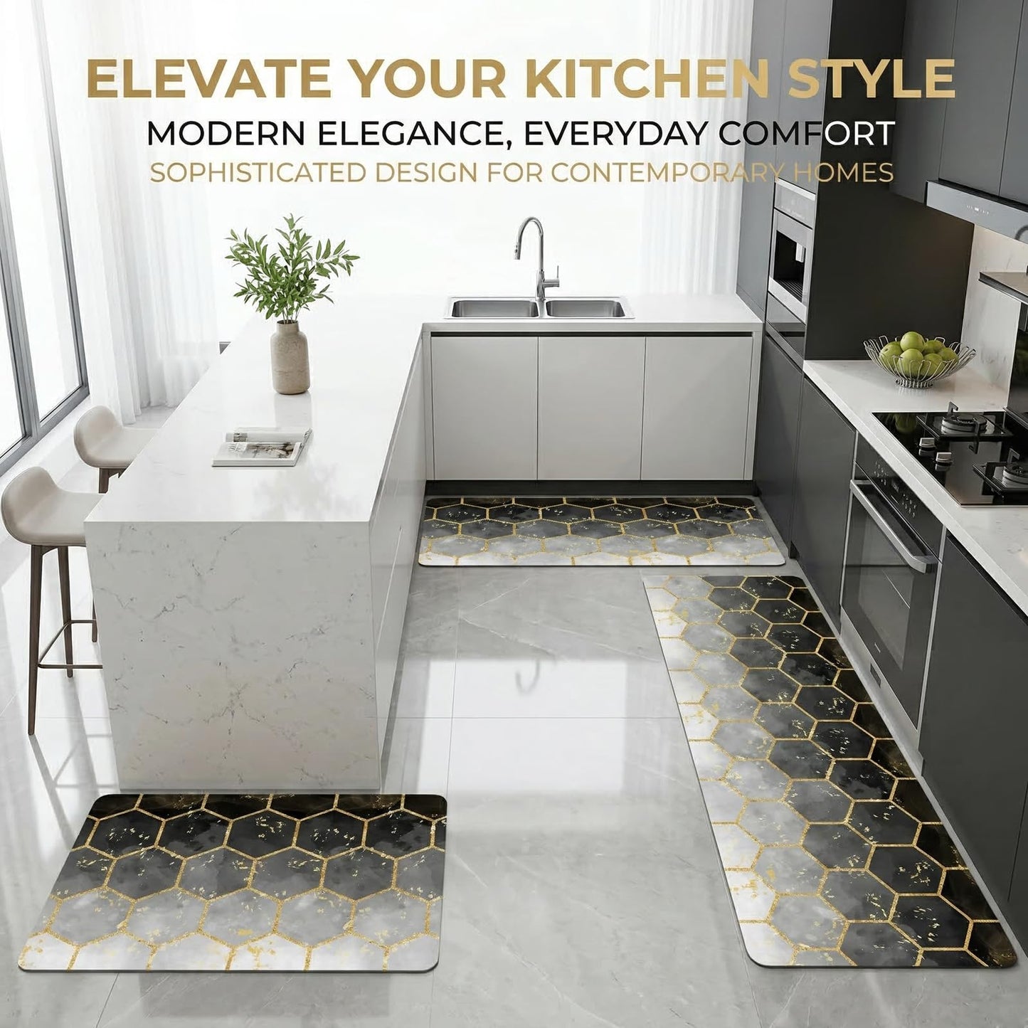 3-Piece Kitchen Rugs and Mats Set, Cushioned No-Slip Resistant Kitchen Mats for Floor, Luxury Gold Hexagon Geometric Comfort Floor Mats, Black Washable Runner Rug for Kitchen Sink, Laundry, Office