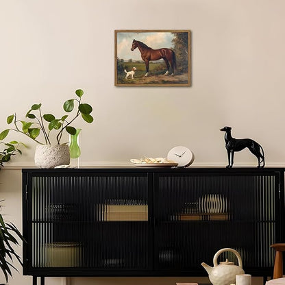 Framed Vintage Wall Art, Rustic Horse and Dog Pictures Wall Decor, Farmhouse Animal landscape Paintings Canvas Prints Neutral Aesthetic Home Decor for Living Room Bedroom Bathroom Office 16x24 inch