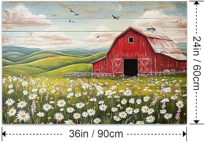 Yesad Country Red Barn Pictures, Daisy Canvas Wall Art Wildflower Meadow Poster Flower Print Rustic Farmhouse Decor Barn Painting Wall Decor Home Decoration for Living Room (Unframed,36”x24”,Barn2)
