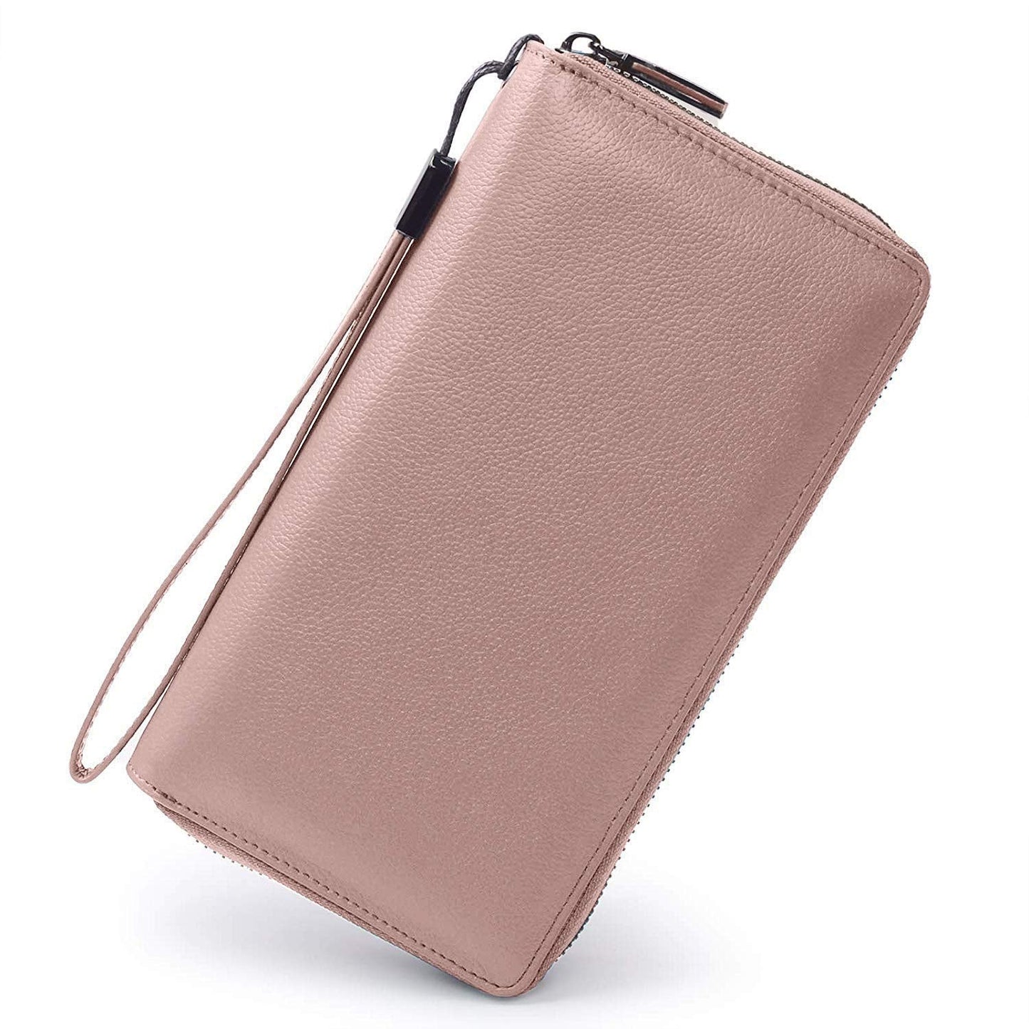 Bveyzi Women RFID Blocking Wallet Leather Zip Around Phone Clutch Large Capacity Ladies Travel Purse Wristlet (Rose Gold)