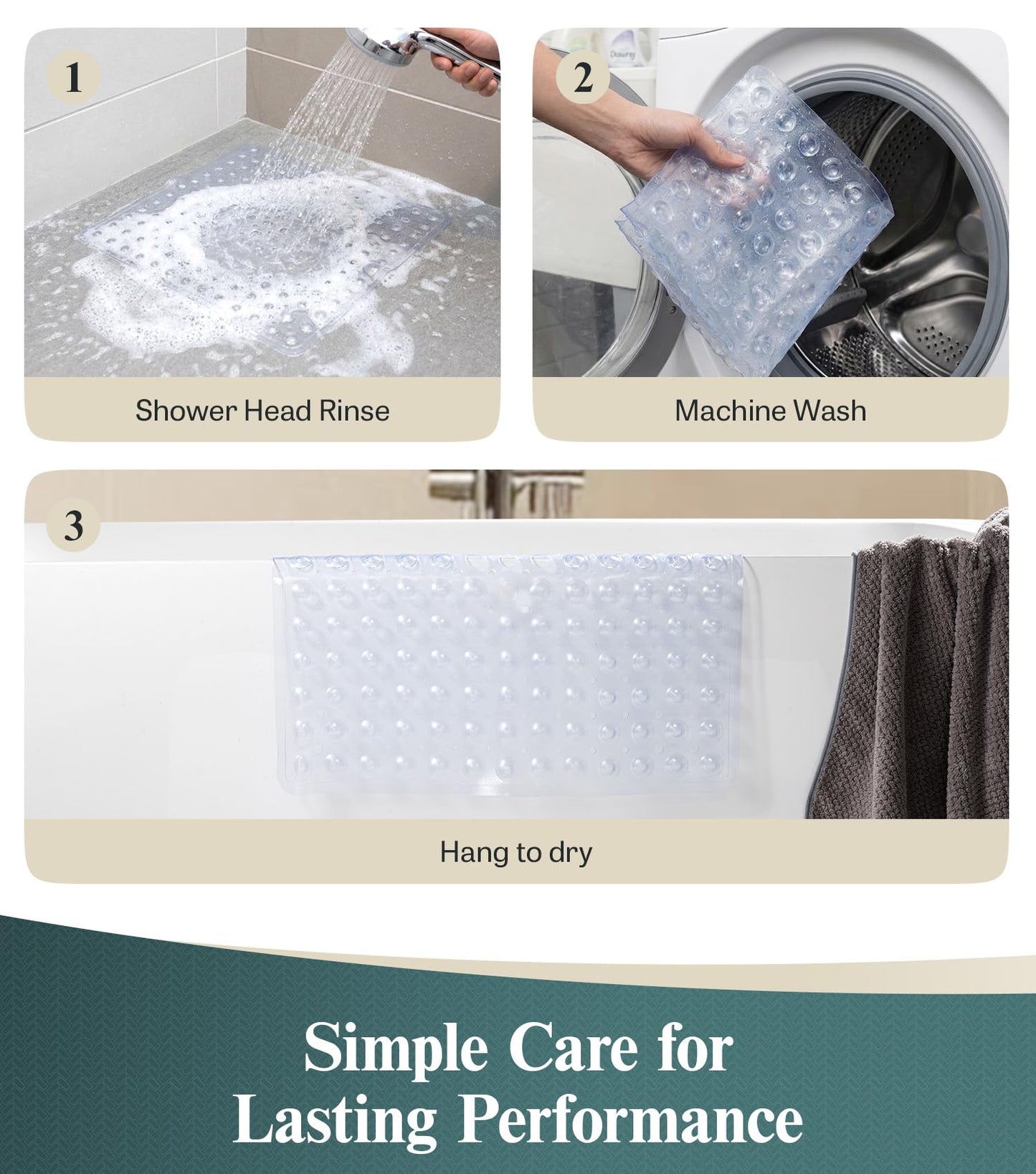 HITSLAM 21x21 Inch Square Shower Mat Non Slip, Anti Slip Bathtub Mat with Strong Suction Cups & Drainage Holes, Machine Washable Bathroom Floor Mat for Inside Shower Stall and Tub, Clear