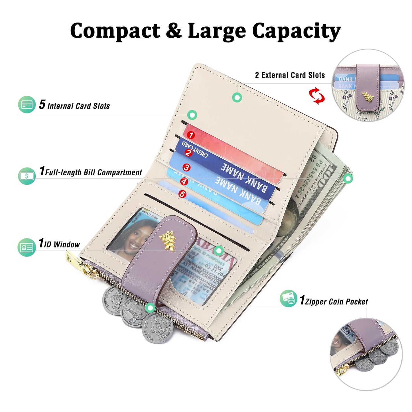 GAEKEAO Small Wallets for Women RFID Blocking Leather Bifold Zipper Pocket Wallet Credit Card Holder with ID Window