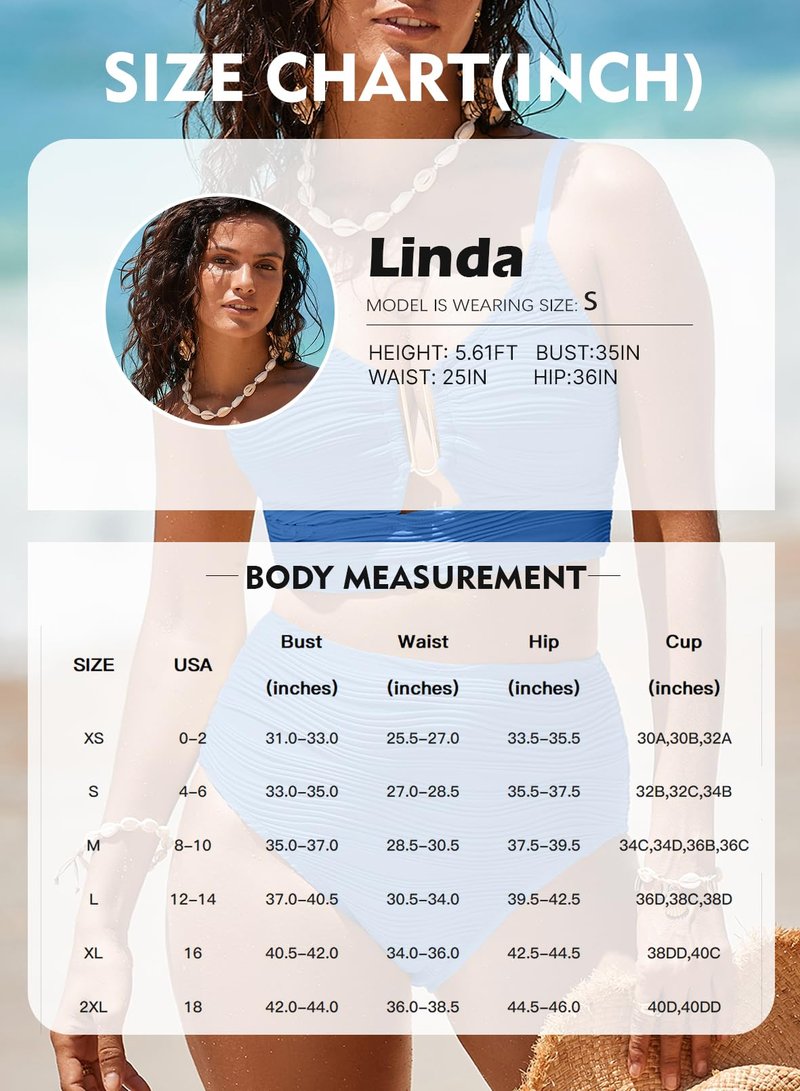 Herseas Women Metal U-Wired Bikini Set Spaghetti Straps Supportive Bathing Suit High Waisted 2 Piece Swimsuit Cutout Trendy Beach Essentials Outfits Swimwear Blue X-Small
