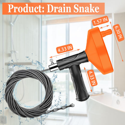 33 Feet Drain Snake Auger, Plumbing Snake Drain Hair Clog Removal Tool, Sink Unclogger Drain, Heavy Duty Drum Auger, Cleaner Tool for Bathroom Kitchen Tub Shower Drain Clog Remover with Gloves，Orange