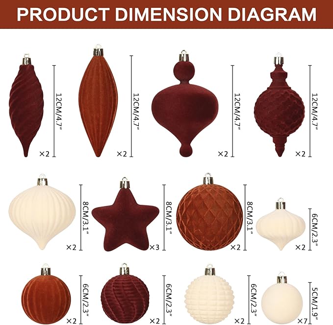 SY Super Bang 30PCS Velvet Christmas Ornaments Set, Flocked Shatterproof Assorted Hanging Xmas Tree Ball Decorations, for Home Party Holiday Decor, Coffee, Beige