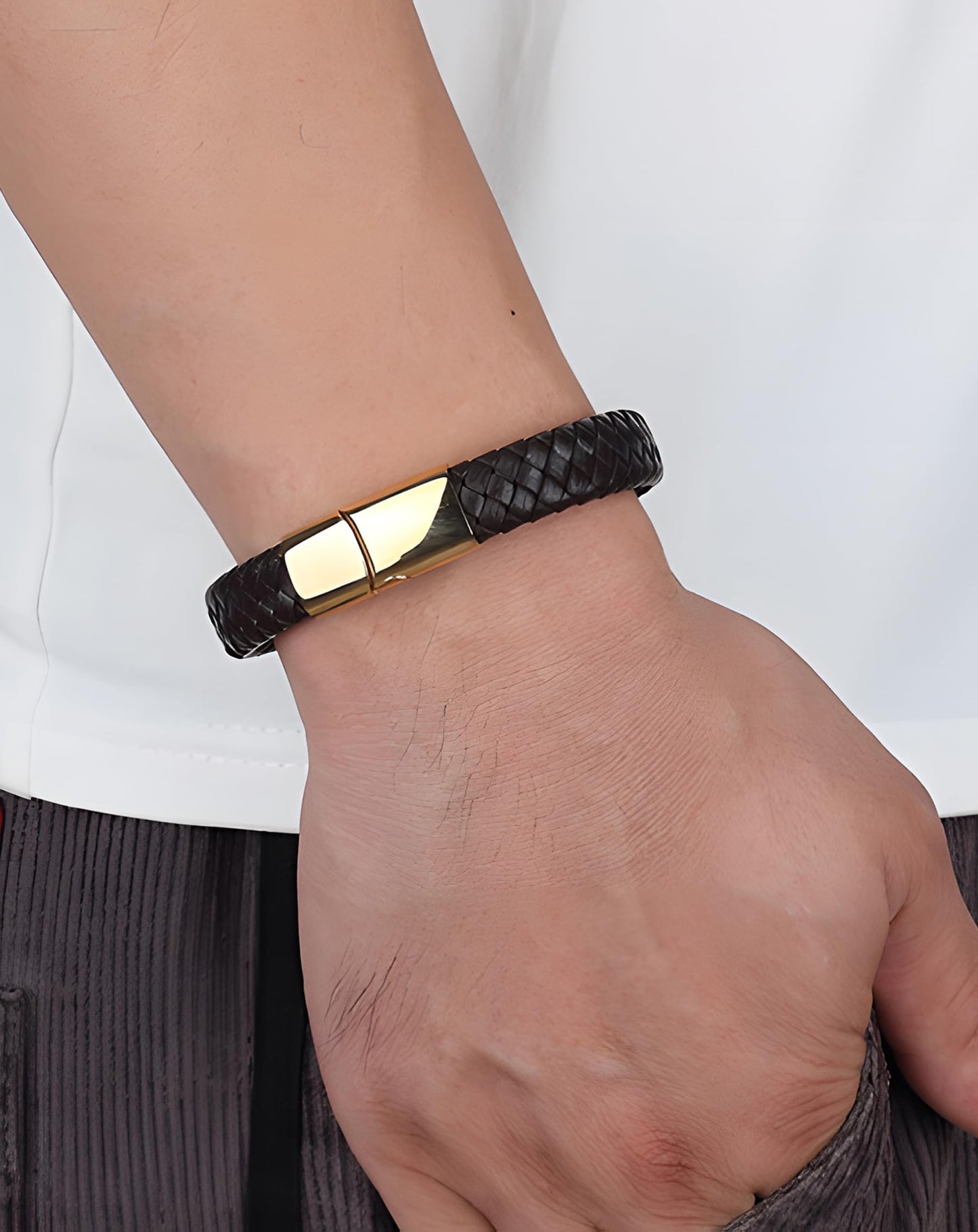 Deerllia Leather Bracelet for Men, Braided Cuff with Stainless Steel Clasp Stacked Multi Style Color Anniversary Father's Day Birthday Christmas Jewelry Gifts for Him, Black Clasp Black Leather