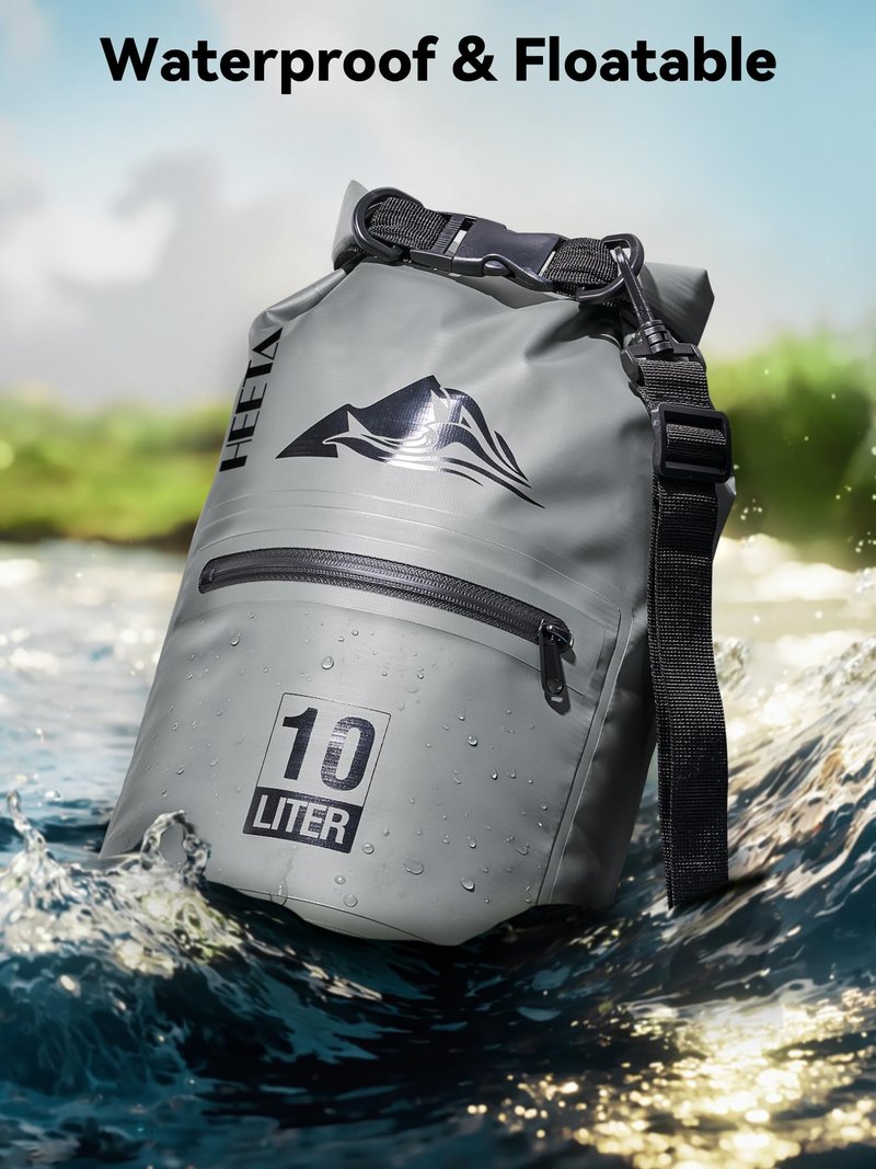 HEETA Waterproof Dry Bag with Front Zippered Pocket for Women Men, Roll Top Lightweight Dry Storage Bag Backpack for Travel, Kayaking, Boating, Rafting, Camping, Hiking & Beach (Grey, 5L)