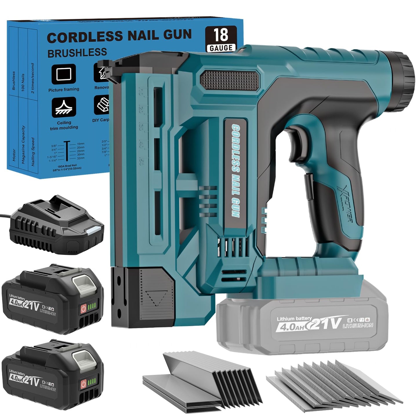 CAMXTOOL Nail Gun Cordless with 2Pcs 4.0Ah Battery, 18 Gauge 2 In 1 Brad Nailer & Staple Gun, Electric Nail Gun with 1000pcs Nails & 1000pcs Staples for Wood, Upholstery & DIY Projects, Depth Adjust