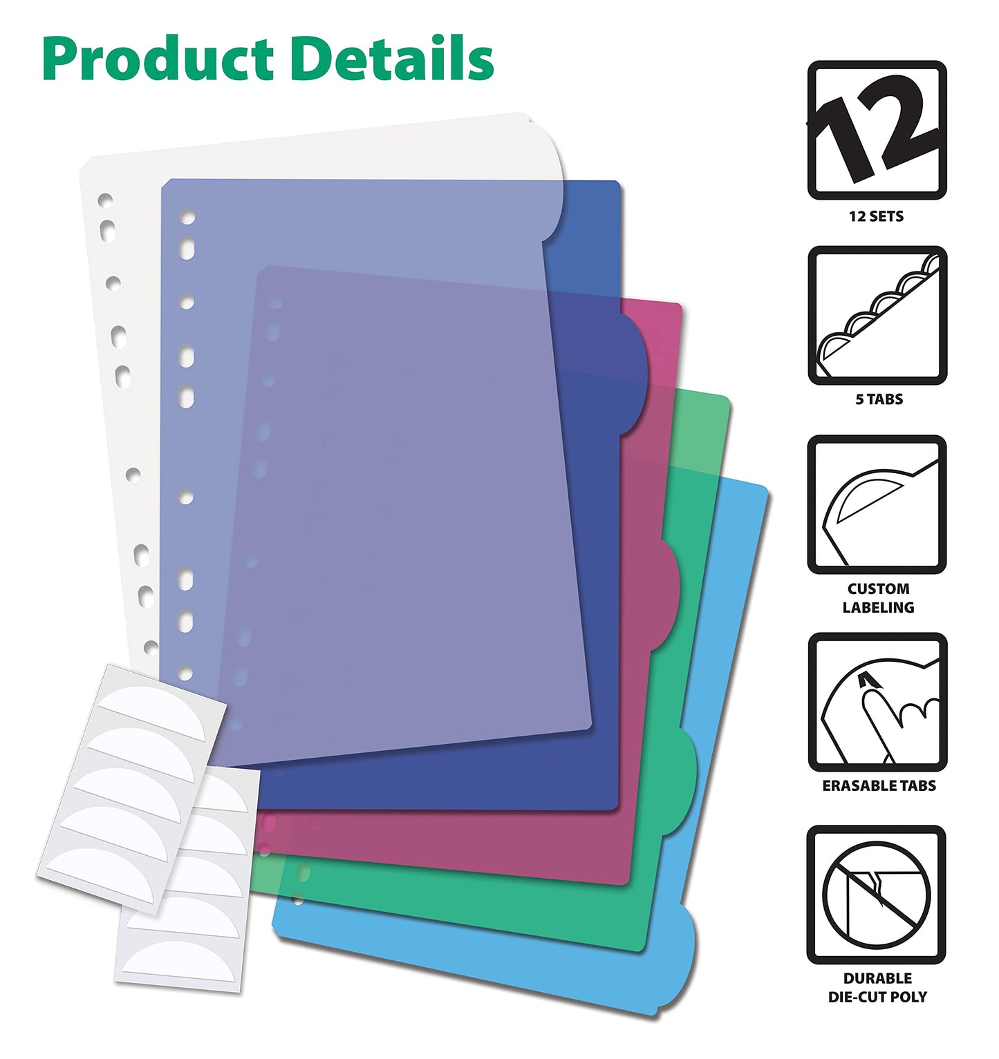 Better Office Products 5 Tab Plastic Binder Index Dividers, Large Rounded Index Tabs, 12 Pack, Multicolored Poly Dividers for 3 Ring Binder, with White Labels, 12 Sets