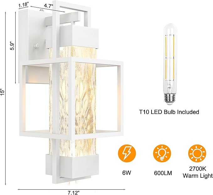 PARTPHONER Modern Outdoor Light Fixture Dusk to Dawn Outdoor Lighting, 15" H Exterior Wall Sconce Waterproof Porch Light, Outside Light for House with Water Glass for Garage Doorway, White