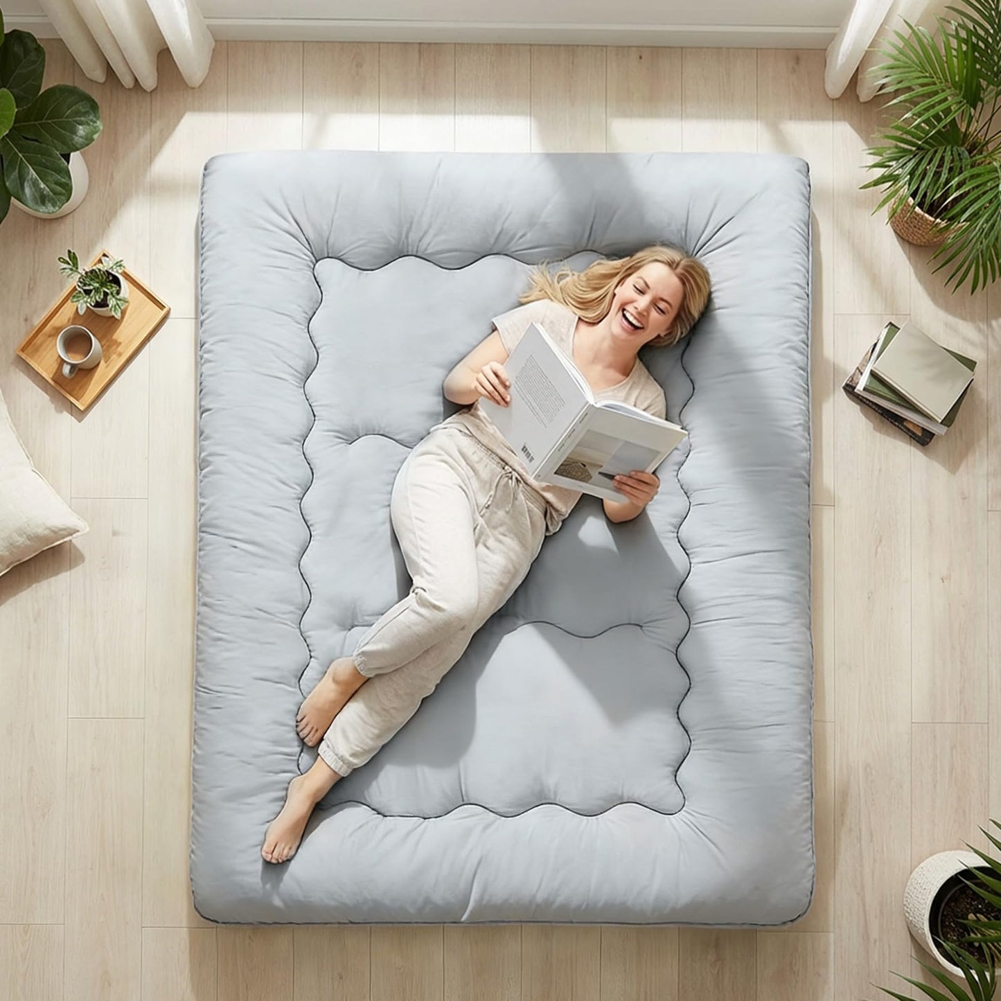 DUMOS Japanese Floor Mattress Queen Size, Futon Mattress Foldable with Removable Washable Cover, Portable Roll Up Tatami Mat for Small Bedroom, Couples, Family Movie Night and Home Use, Gray