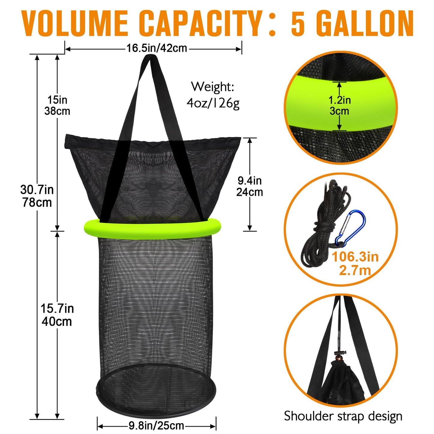 Dovesun 5 Gallons Floating Fishing Basket, Collapsible Fishing Net Portable Nylon-mesh | Coated Nylon Net Bait Storage Cage for Keeping Crayfish Minnows Leaches and Other Live Baits