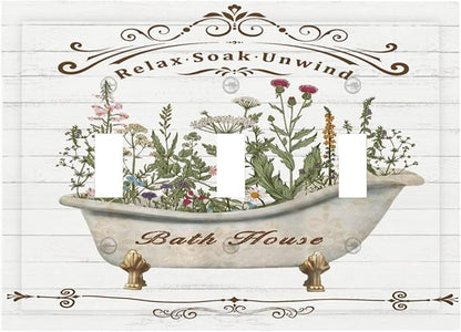 Rustic Farmhouse Wooden Board Botanical Flower 3 Gang Wall Plates Decorative Triple Toggle Light Switch Cover Electrical Switchplate Unused Decorate Faceplate for Bathroom Home