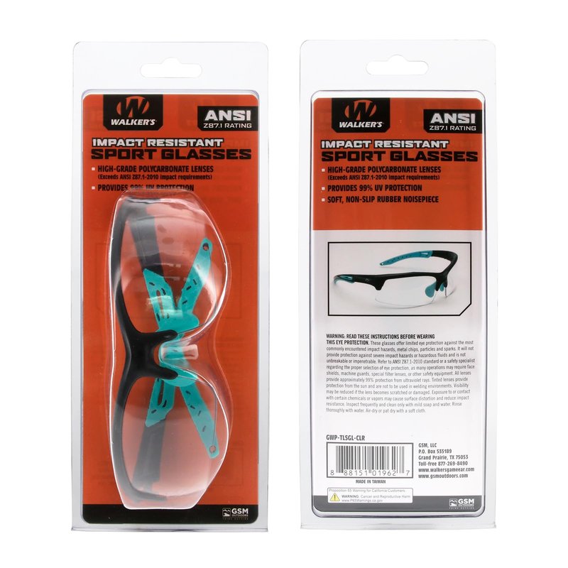 Walker's Unisex Teal Impact Resistant Sport Glasses | Durable Non-Slip Rubberized Frame UV Protection Shooting Outdoor Sports Glasses w/ Clear Lenses