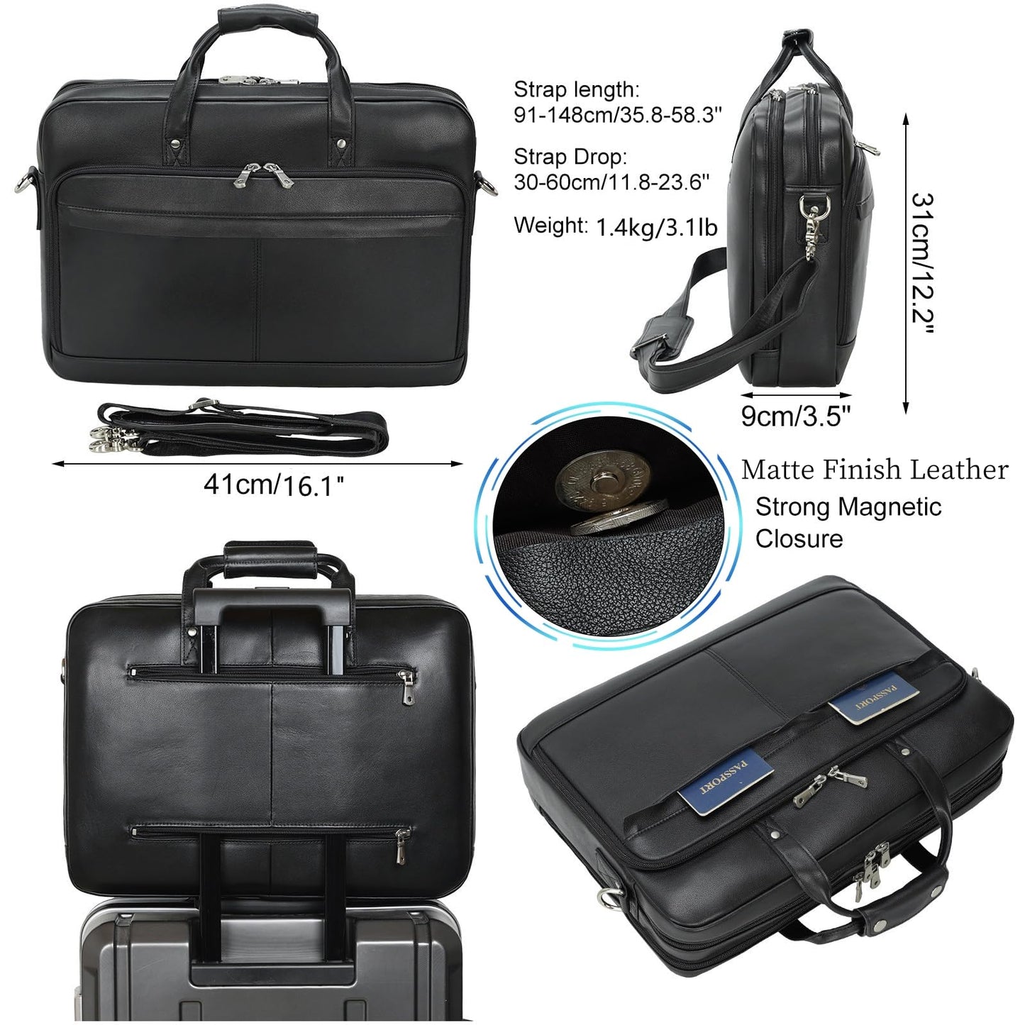 Masa Kawa Black Leather Briefcase for Men 15.6 Inch Laptop Crossbody Shoulder Messenger Professional Office Bag Attache Brief Case Handbag Gifts for Business Travel Work Lawyer, Medium