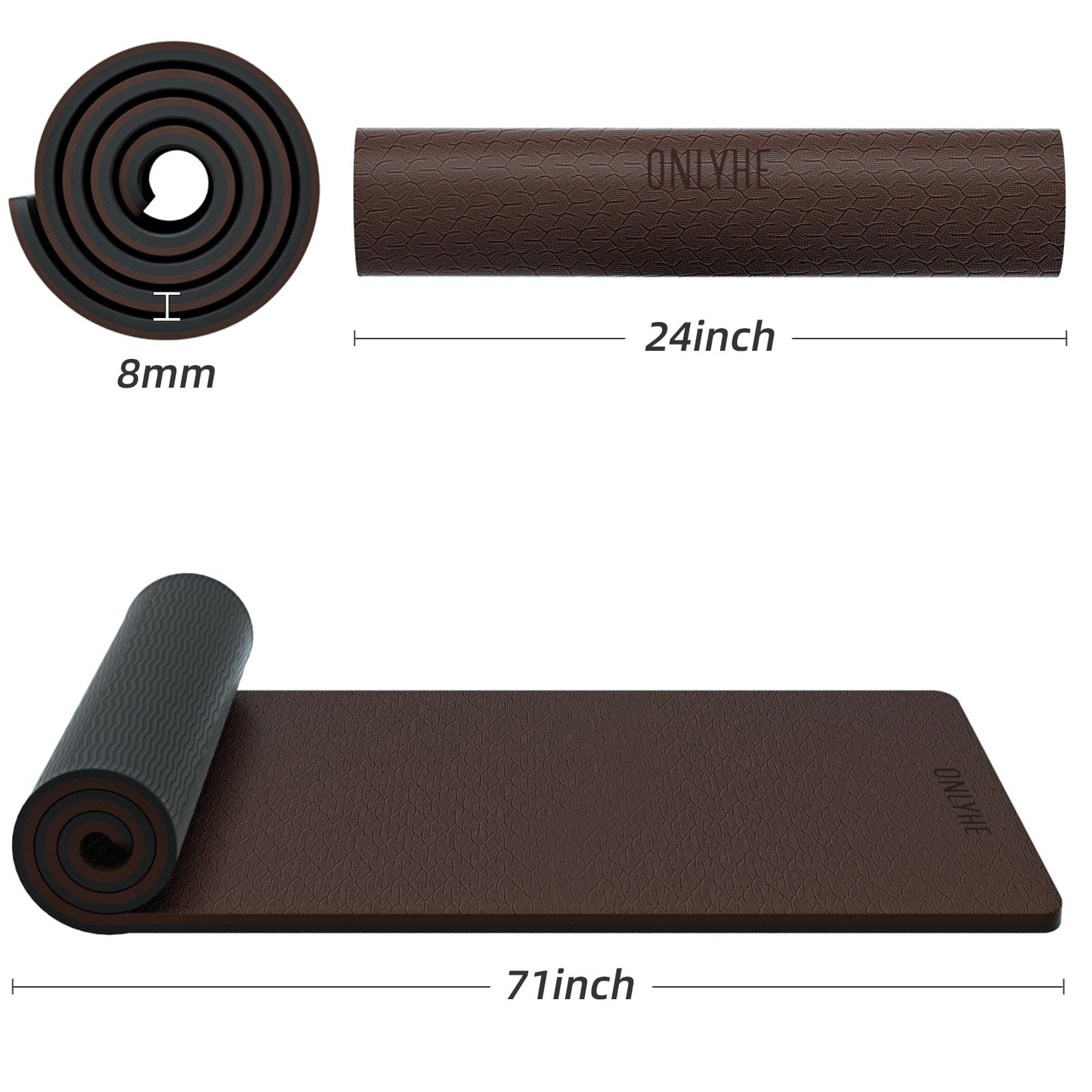 ONLYHE Yoga Mat Thick (8mm) Exercise Mat Non-Slip Ripstop Pilates Mat for Women and Men for Home, Barefoot Workout and Floor Workout with Strap (71 x 24 inch) (Dark coffee + black)