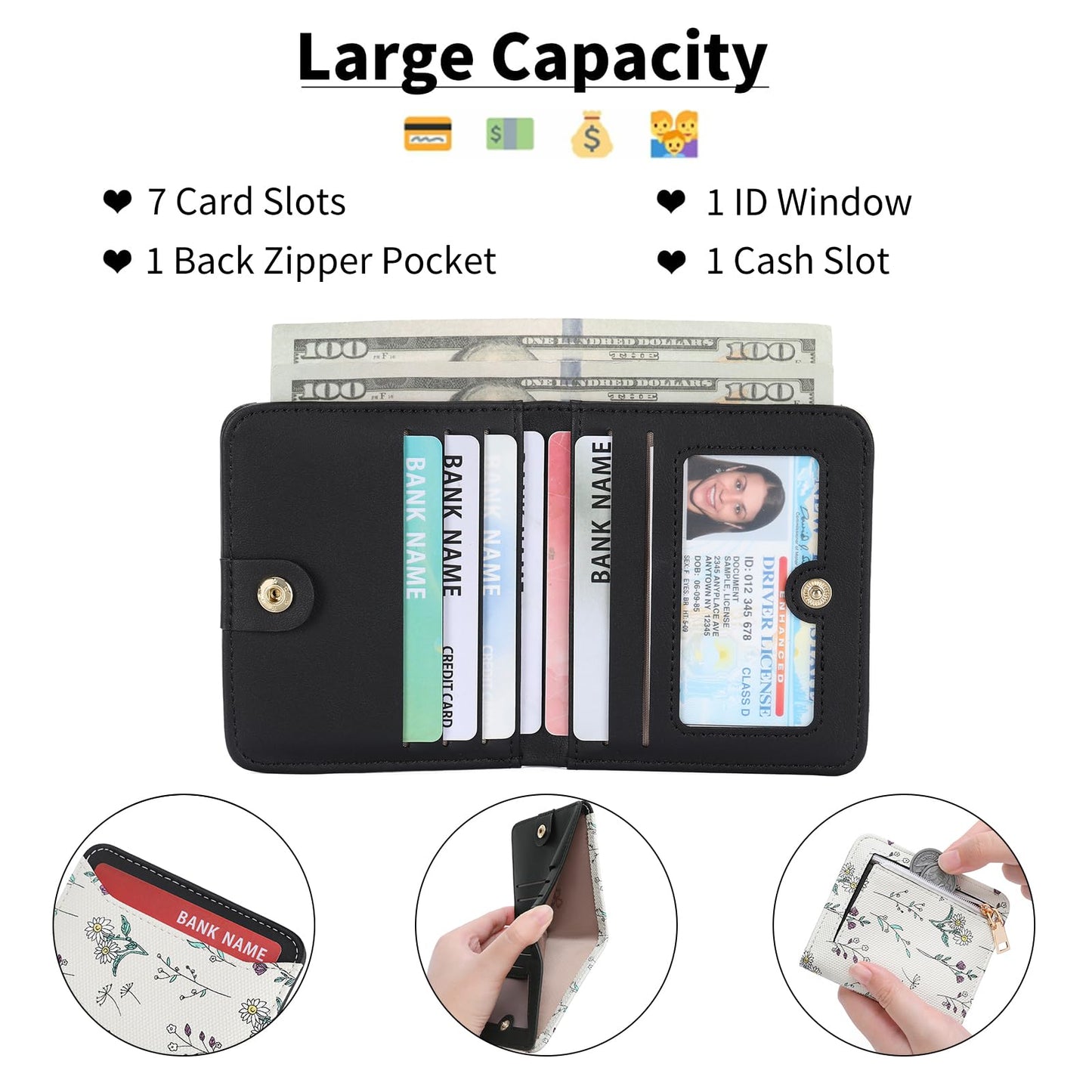 GAEKEAO Small Wallet for Women RFID Leather Bifold Slim Card Holder Cute Flower Wallet for Women with Zipper Coin Pocket