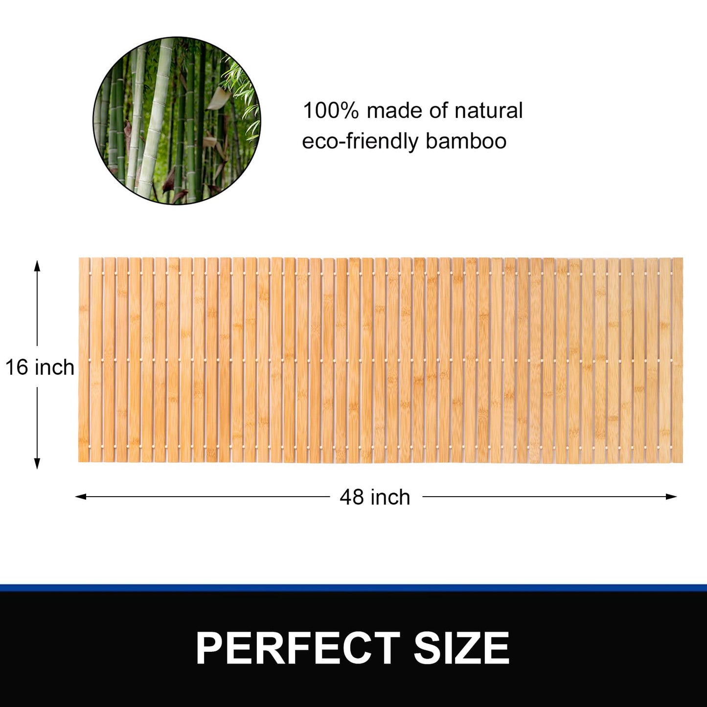 Bamboo Bath Mat Bathroom Runner Long Large Rugs Floor Wood Shower Bathtub Waterproof Non Slip Accessories 16x48 Inch Easy to Clean, Natural Bamboo, 1 pc