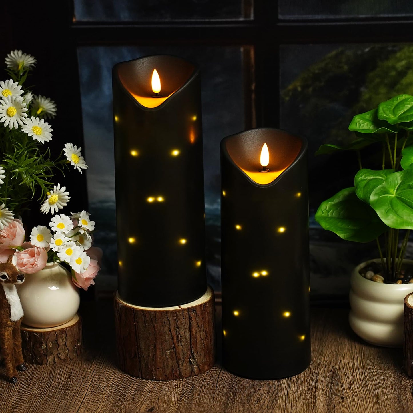 4" x10" Outdoor Flameless Candles Waterproof, Battery Operated LED Candles with Remote Control and Timer，Internal string lights，Black , Set of 2，Suitable for home decoration and holiday decoration