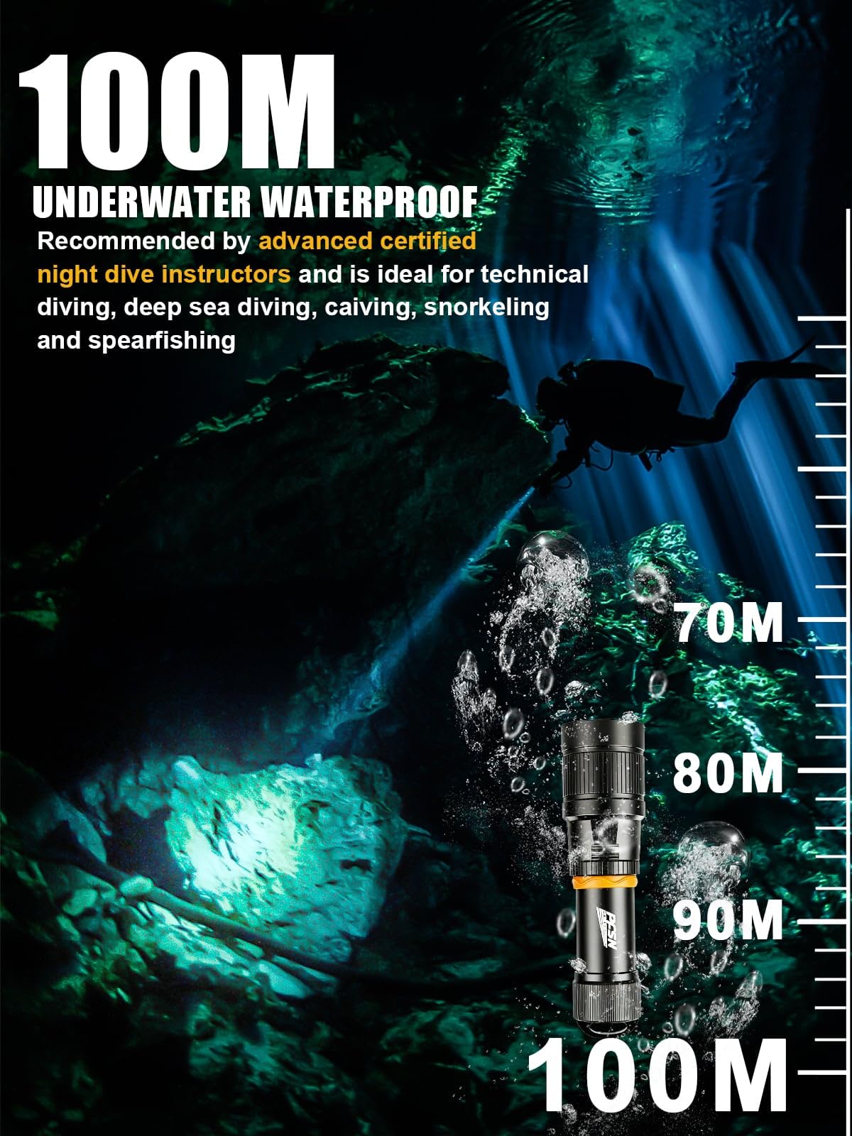 Scuba Dive Light Diving Flashlight - PFSN High Lumens Underwater Flashlight IPX68 Waterproof, Rechargeable Dive Torch, Narrow Beam Diving Lamp Best for Diver Submersible Caving, Snorkeling