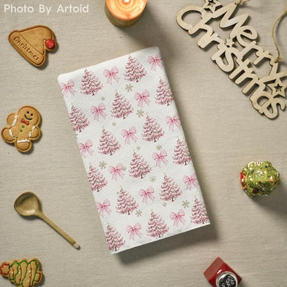 Artoid Mode Pink Porcelain Ornaments Xmas Tree Christmas Kitchen Towels Dish Towels, 18x26 Inch Farmhouse Holiday Winter Decoration Cleaning Set of 4