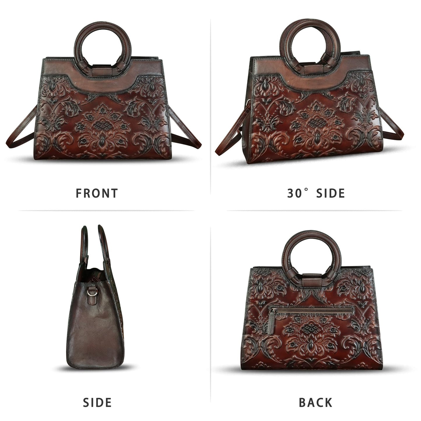 Genuine Leather Purses and Handbags for Women Vintage Embossed Leather Crossbody Shoulder Bag Satchel Top Handle Bags (Coffee)