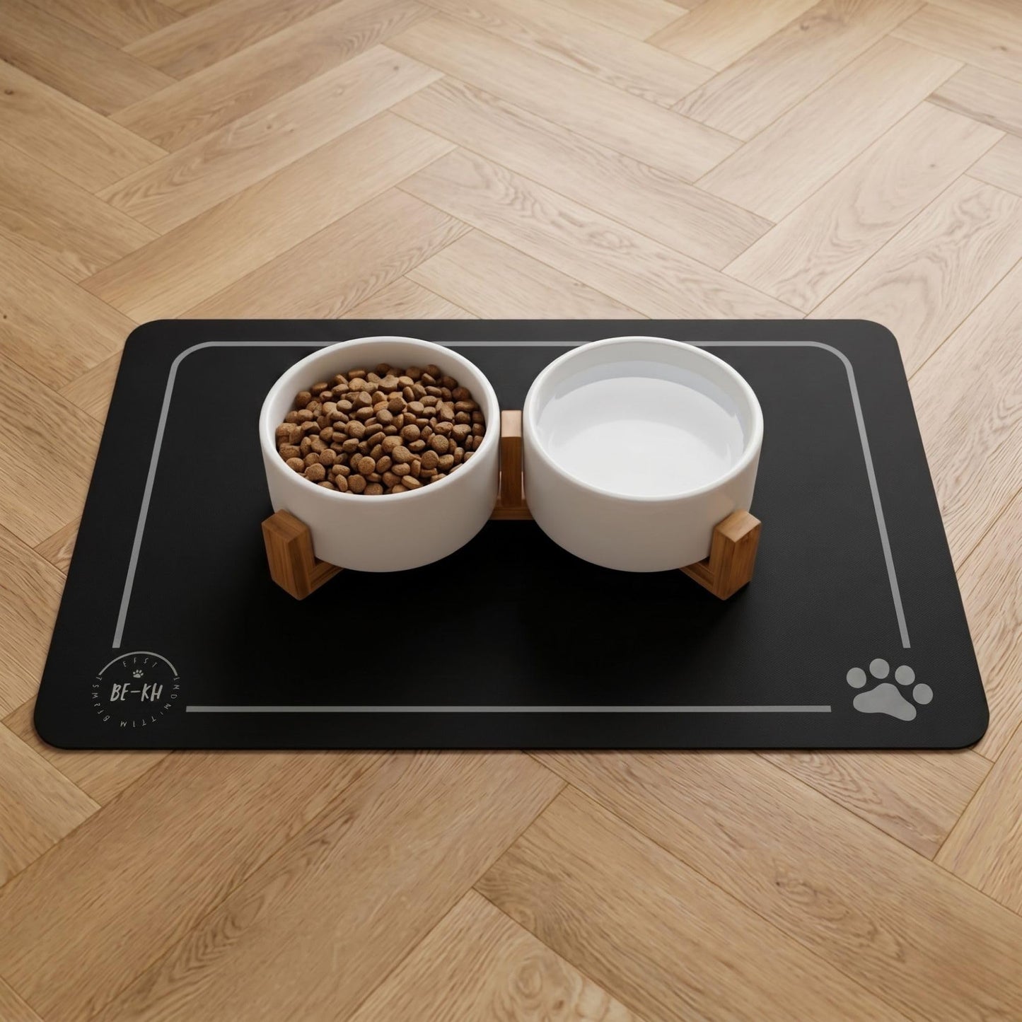 BE-KH Absorbent Pet Feeding Mat for Dogs & Cats, Quick Dry Dog Bowl Mat for Food and Water, Ultra-Thin, Non-Slip Rubber & Polyester, Waterproof & Machine Washable, Classic Paws, 24x16 in (60x40 cm)