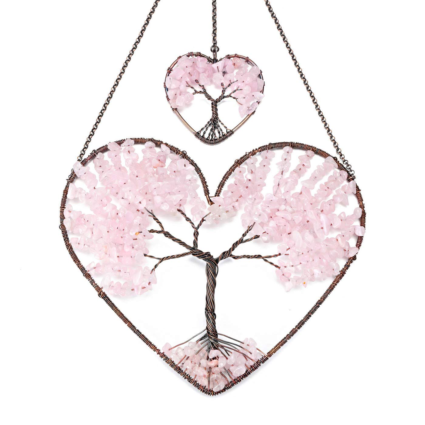 PESOENTH Rose Quartz Crystal Tree of Life Heart Wall Hanging Decor Gifts for Women,Bohemian Pink Healing Crystals Reiki Stones Ornaments Spiritual Gifts Christmas Tree Home Hanging Decorations