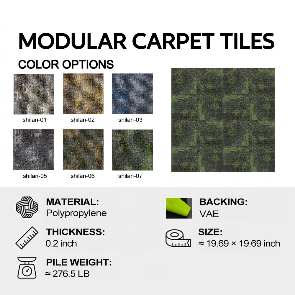 24 Carpets 20x20 inch Square Carpet Tiles, Reusable, Non Slip, Seamless Tiles, Suitable for Indoor and Outdoor use in bedrooms, Living Rooms, Offices, etc., Easy to DIY (Olive Green Stone pattern-07)