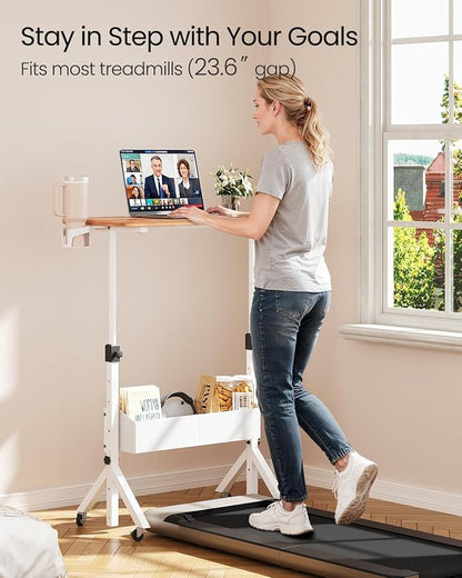 ErGear Mobile Standing Desk with Wheels, Adjustable Height 28.3″ to 46.1″, Rolling Laptop Cart with Cup Holder, Storage Basket, Computer & Pen Slot, Home Office Stand Up Desk, Light Vintage Brown