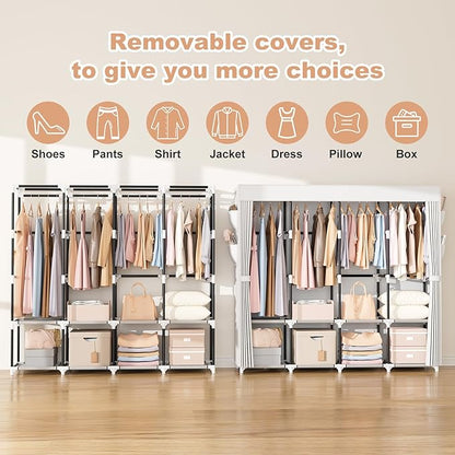 VTRIN Portable Closet for Hanging Clothes 67 Inch Wide Large Capacity Portable Wardrobe Closet with Cover, 4 Storage Shelves and 4 Hanging Rod Sturdy Free Standing Closet for Bedroom, White