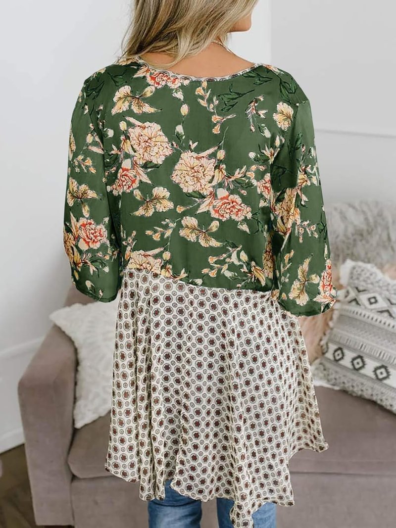 Women's Floral Tie Front Kimono Cardigan - Lightweight Ruffle 3/4 Sleeve Boho Beach Cover Up