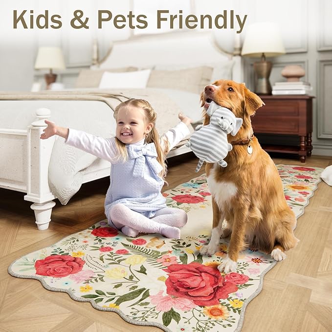 Kitchen Rug Runners for Hallways: 2'6''x8' Washable Runner Rugs for Kitchen Ultra Thin Stain Resistant Non Slip Low Pile Lightweight Vintage Floral Carpet for Laundry Room Decor (Beige)