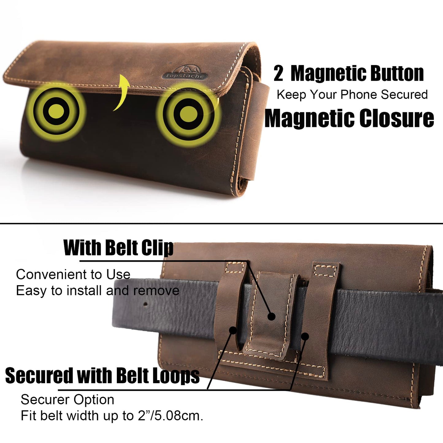 Topstache Belt Clip Leather Phone Holster,Two Pockets Cell Phone Pouch, Leather Card Holder,Wallet for Cash and Phone, Phone Pouch for iPhone 14 Pro,iPhone 14,S22 with Magnetic Closure,L,Darkbrown