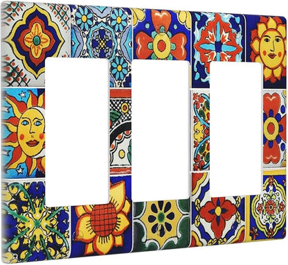 Traditional Colorful Talavera Mexican Spanish Moroccan Tiles Triple Rocker/Decora Wall Plate 3 Gang Light Switch Outlet Cover Plate Decorative Switchplate Electrical GFCI Faceplate for Bathroom Decor