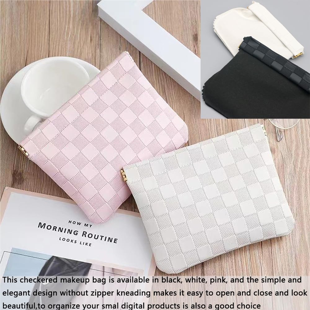 lomkya Checkered Makeup Bag Set Black 2 Pieces Leather Pocket Cosmetic Bag for Purse Waterproof Small Makeup Pouch for Purse Aesthetic Accessories Small Makeup Bag for Women inside Coin Purse
