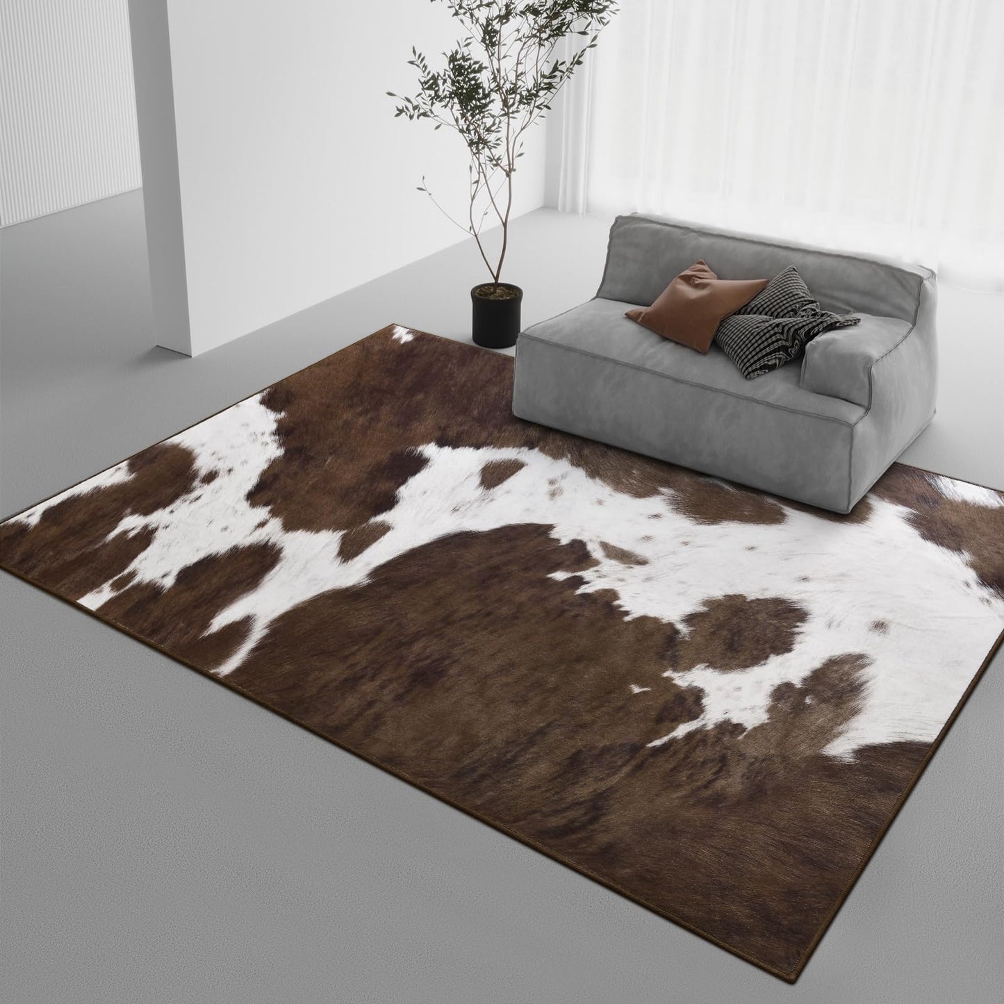 DweIke Cow Print Rug 4x6 – Brown Faux Cowhide Rugs, Washable Soft Non-Slip Stain Resistant Animal Cow Hide Carpet for Living Room Bedroom Dining Room Office, Western Home Decor