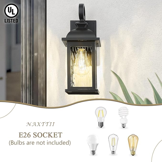 Exterior Lighting Fixtures 15 Inch Black Outdoor Wall Lights with Water Ripple Glass for Porch Front Door E26 Socket