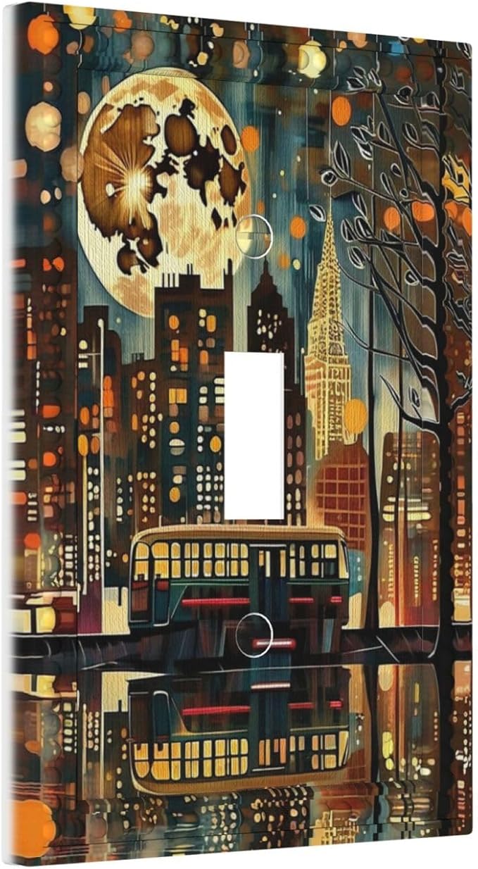 City Light Moon Bus Abstract Art Light Switch Covers 1 Gang Single Toggle Wall Plate Decorative Switchcover Electrical Switchplate for Country Living Decor