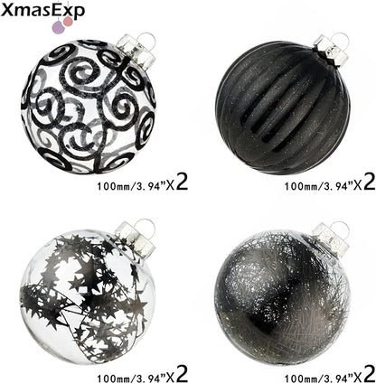 XmasExp 8ct Christmas Ball Ornaments Set -Large Clear Plastic Shatterproof Xmas Tree Ball Hanging Baubles Stuffed Delicate Glittering for Holiday Wedding Xmas Party Decoration (100mm/3.94",Black)