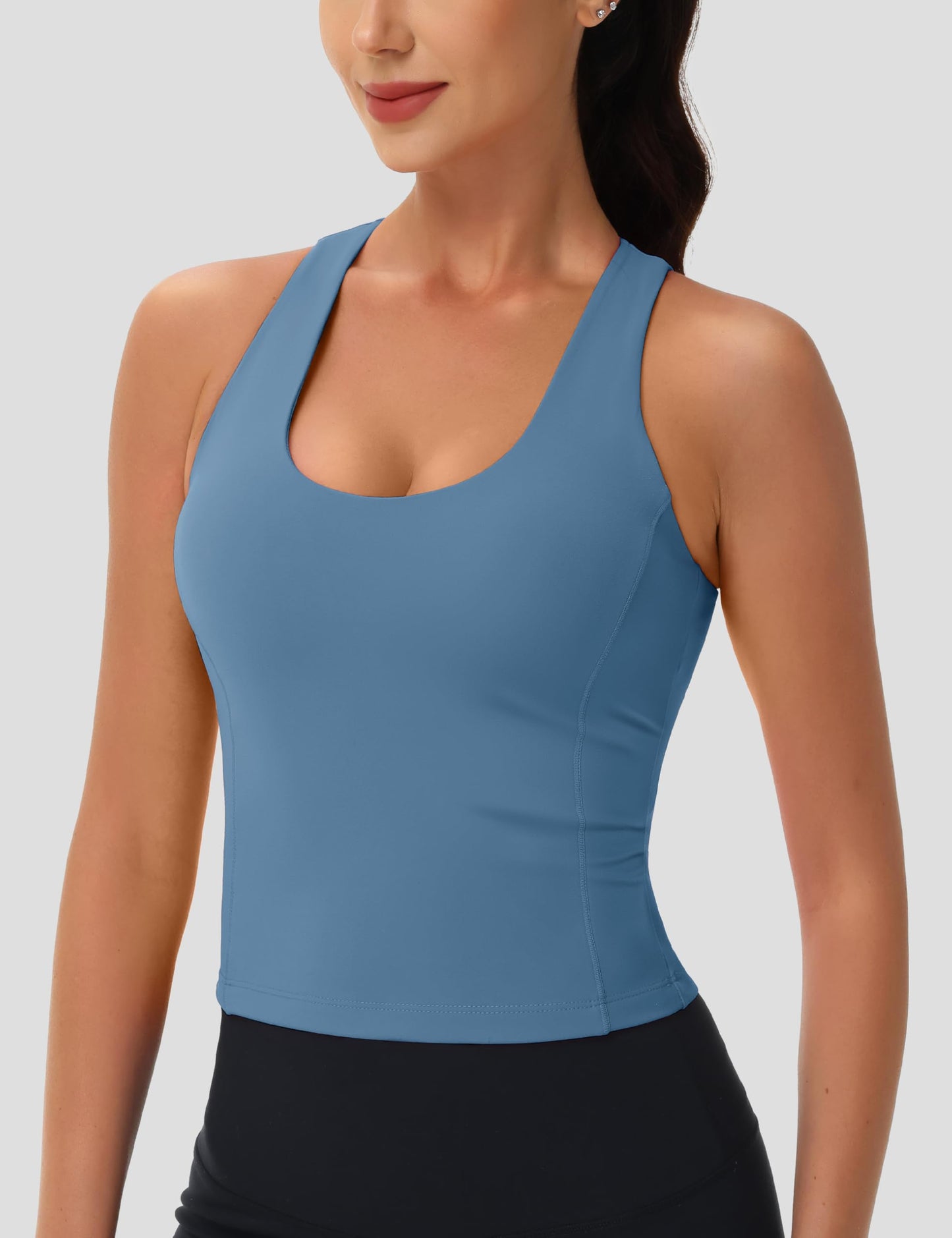 MAGCOMSEN Women's Built in Bra Workout Tank Tops Athletic Yoga Crop Top with Pads High Impact Supportive Fitted Gym Running Bras Blue L