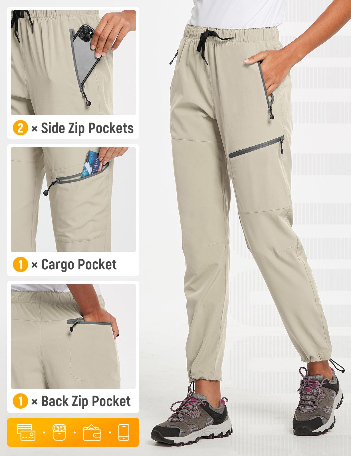 baleaf Travel Pants Women Hiking Long Tall Lightweight Quick Dry Water Resistant Cargo Pants 31'' Trip 31''-Suntan S