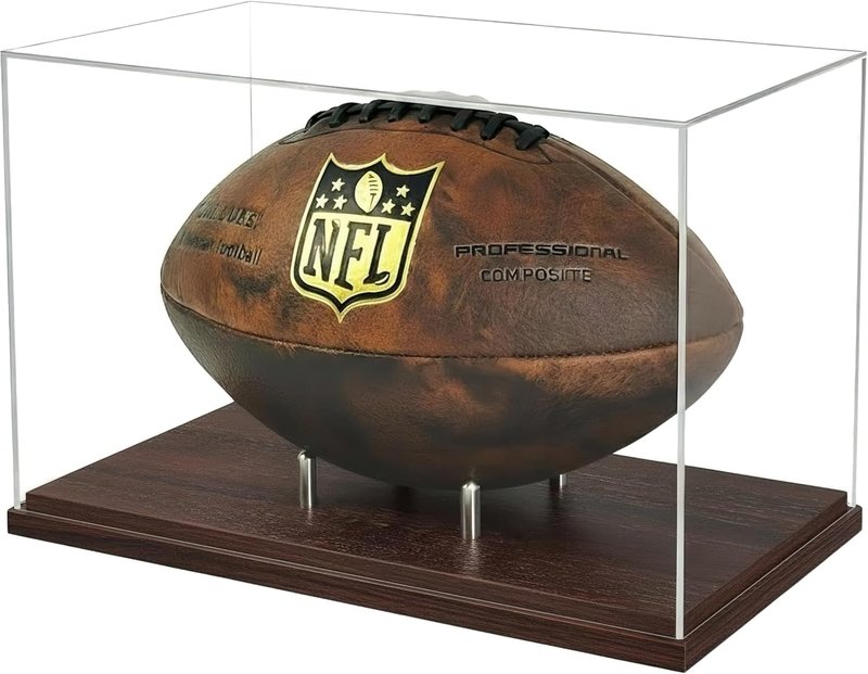 Football Display Case - Clear Acrylic Holder with Walnut Wood Base | Full Size Autograph Stand, No Assembly Required