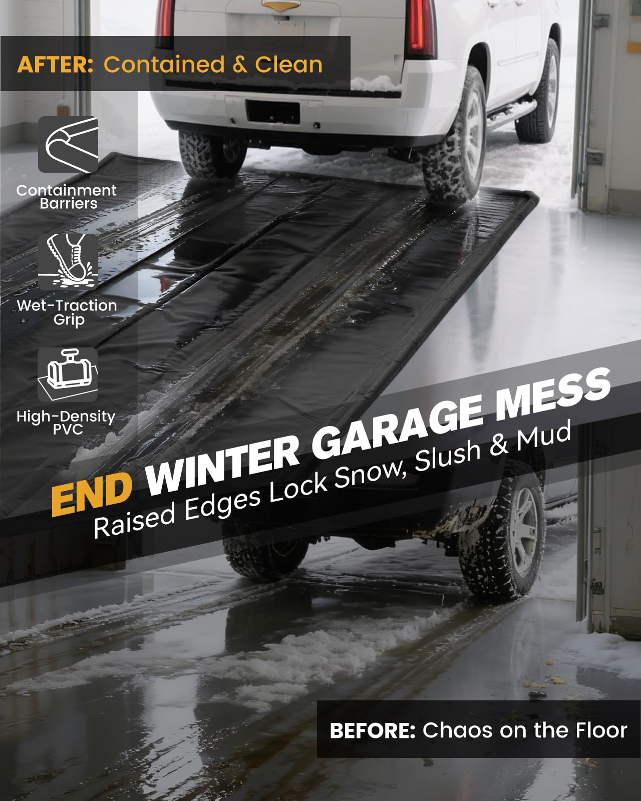 SMOQIO Garage Floor Mat, Containment Mats for Under Car with Raised Edge Waterproof, Non-Slip Heavy-Duty 1000D PVC for Floor Against Snow, Rain & Mud