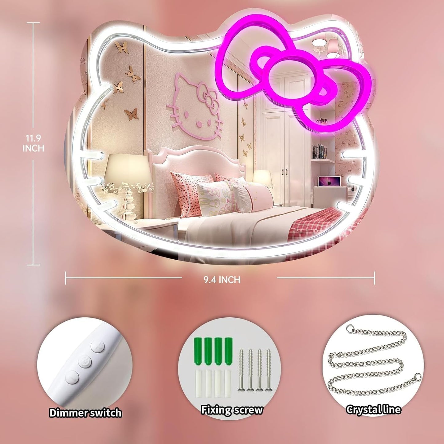 MCJSGSP Anime Hello Kit Mirror with Light Neon Signs for Wall Decor, Teen Girl Gift，Makeup Mirror neon Sign Room Decor (9.4 * 11.9 inch)