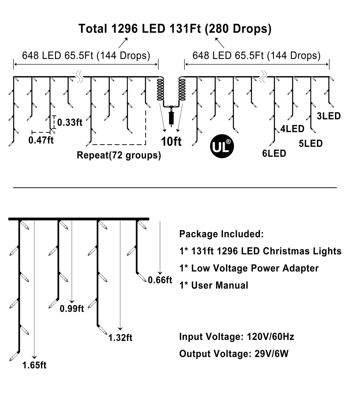 1296 LED Outdoor Christmas Lights with 288 Drops, 131FT Christmas Fairy Lights with 8 Modes Timer, Twinkly Lights IP44 Waterproof for Eaves Yard Room Holiday Wedding Party Decor (Blue)