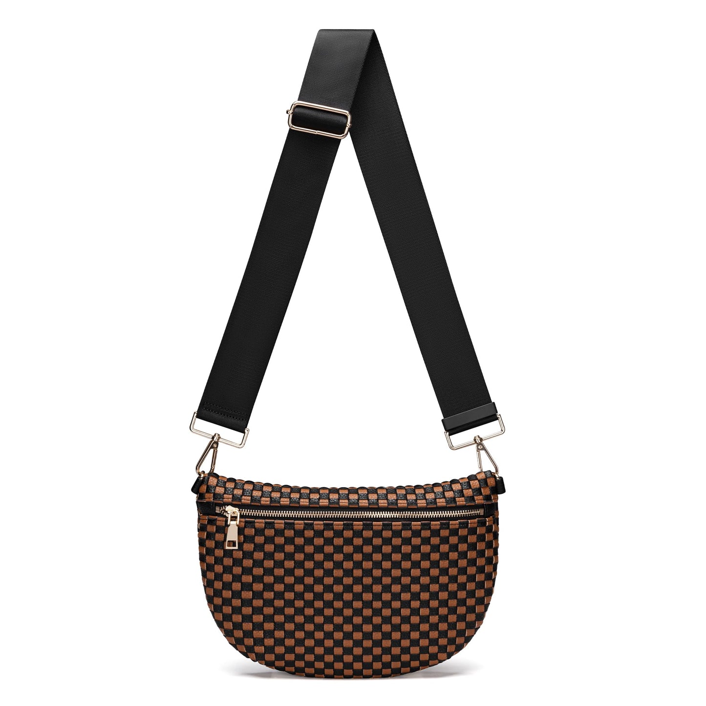 AMZFROG Woven Crossbody Bag for Women Stylish Casual Oversized Bum Bag Sling Purses Vegan Leather Fanny Pack Chest Bag with Adjustable Strap for Outdoor Travel Black-Brown