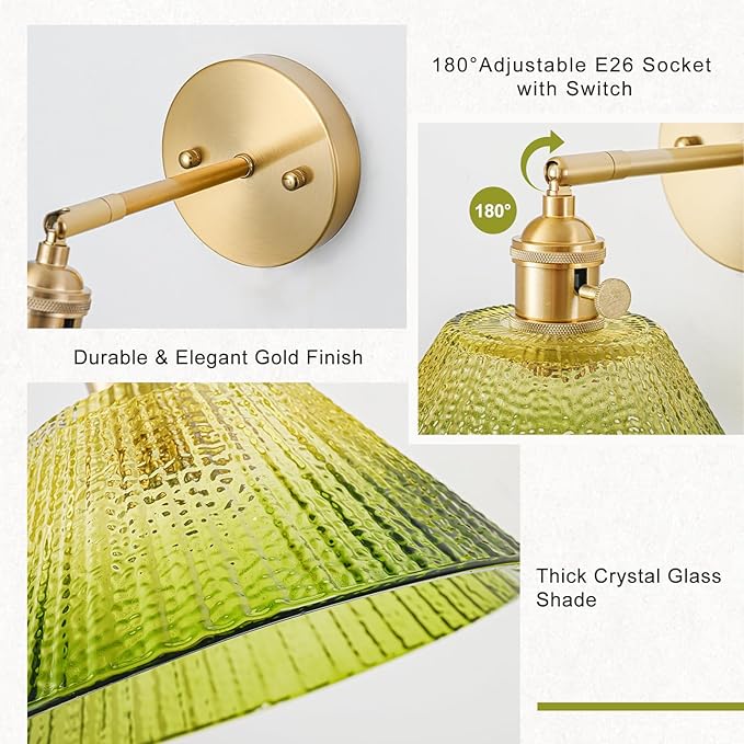 Hardwired Wall Sconce Light, Vintage Wall Sconce with Switch, Gold Wall Light Fixture with Gradient Green Glass Lampshade, Indoor Wall Light for Bedroom Bathroom, Bedside Wall Lamp