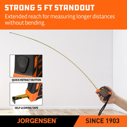JORGENSEN Digital Tape Measure, 16Ft Rechargeable Digital Measuring Tape Ft/Ft+in/in/M/CM/MM Unit, Metric & Inches Tape Measurement Tool for Pythagorean, Area, Volume